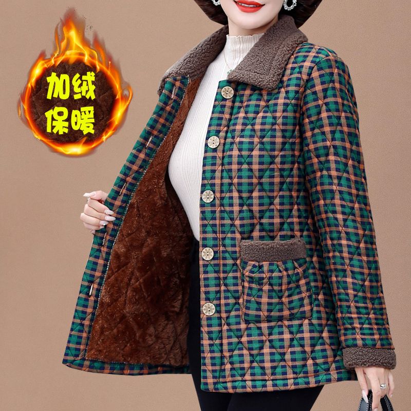 妈妈冬季加绒加厚棉衣外套新款中中老年女装