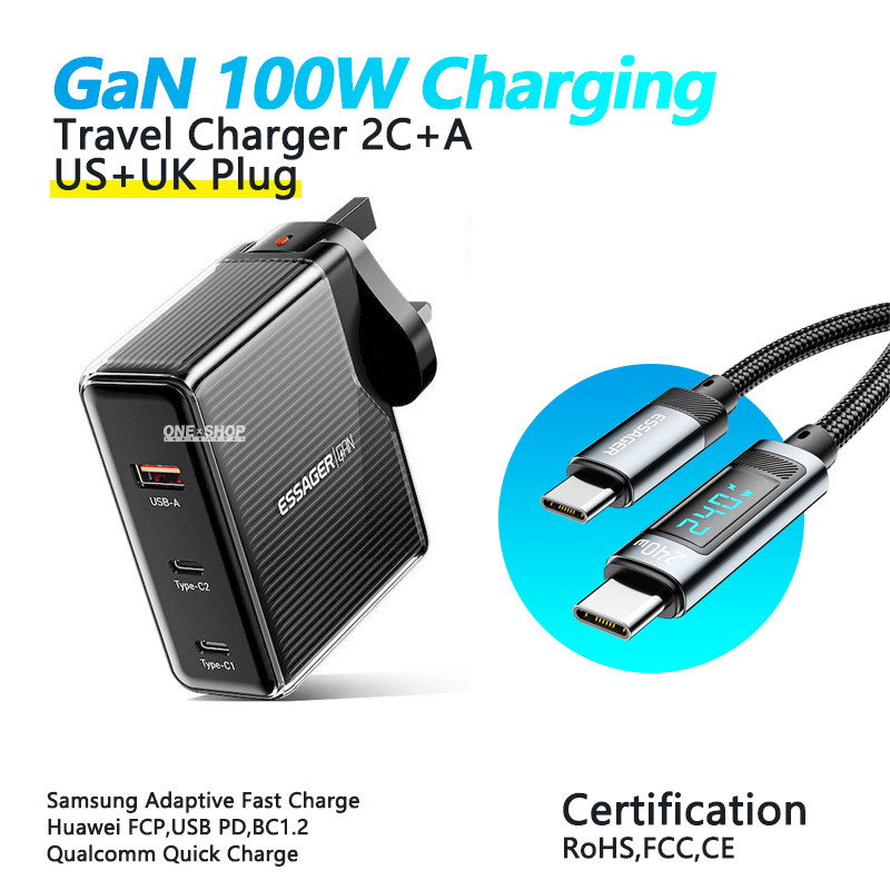 ESSAGER 100W GaN USB C Type C Quick Charger for MacBook Laptop Safe Charging香港澳门新加坡充电器插头