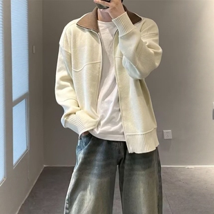 温柔系穿搭米白色翻领毛衣开衫外套男款秋冬慵懒风宽松休闲针织衫