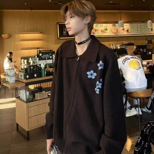 美式复古蓝色樱花拉链翻领毛衣男女秋季潮流休闲宽松慵懒针织开衫