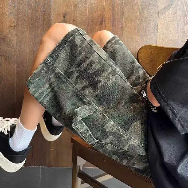 美式水洗迷彩牛仔短裤男款夏季高街vibe工装裤子hiphop宽松五分裤