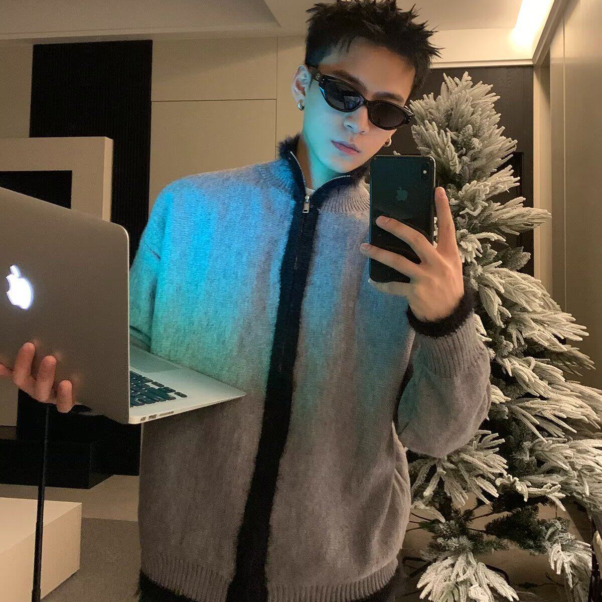 老钱风撞色立领针织开衫男秋冬保暖打底衫高级感慵懒宽松毛衣外套