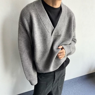 美式复古灰色v领毛衣男款外套叠穿内搭打底衫冬季潮牌慵懒针织衫