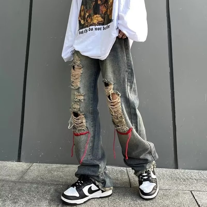 复古破洞牛仔裤男士夏季薄款高街乞丐直筒裤ins潮牌港风阔腿裤子