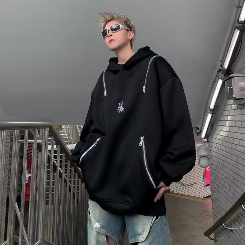 美式复古多拉链口袋卫衣男春秋