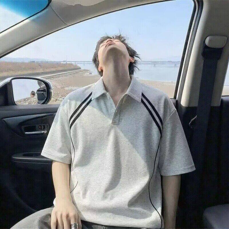 美式复古Polo衫短袖男夏季宽松撞色正肩半袖t恤男青少年简约上衣T