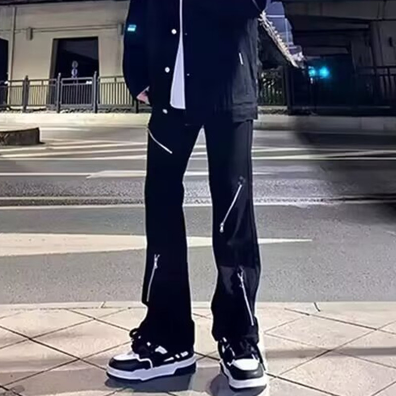 vibe风高街痞帅裤子拉链微喇牛仔裤男款春秋机能风长裤子水洗纯黑