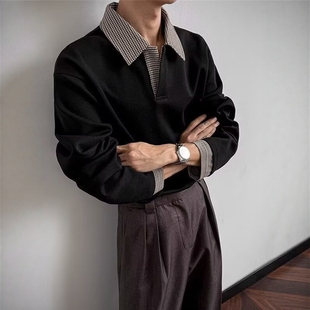 美式千鸟格polo领两件卫衣男秋季潮牌老钱风翻领长袖情侣套头T恤