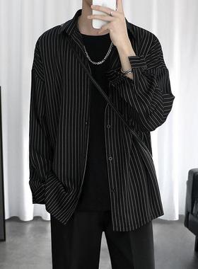 坠感条纹衬衫外套男夏季冰丝休闲宽松衣服潮流黑色男士长袖衬衣薄