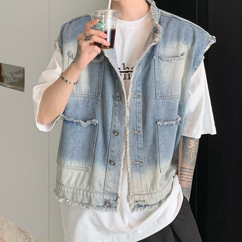 THE KOREAN VERSION OF THE RUFFIAN NICHE DESIGN SENSE RAW DENIM VEST JACKET MENS RETRO LAYERED SHOULDER PADS SLEEVELESS VERSATILE TOP
