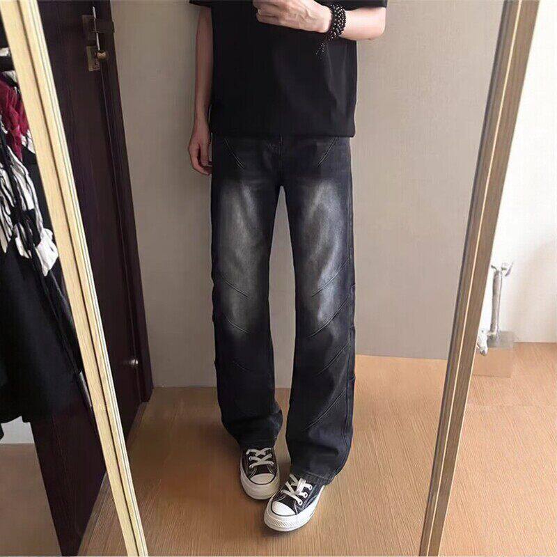 美式水洗褶皱牛仔裤男款夏季高街修身直筒裤子黑色斜切弯刀微喇裤