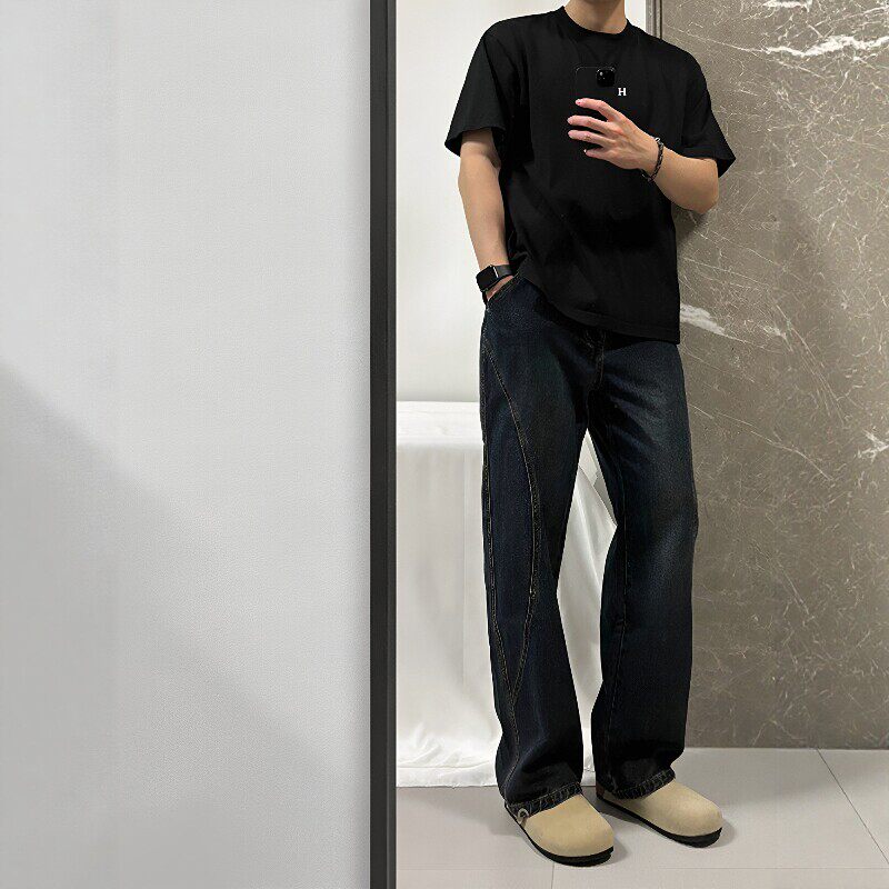 男士牛仔裤拼接分割设计复古宽松