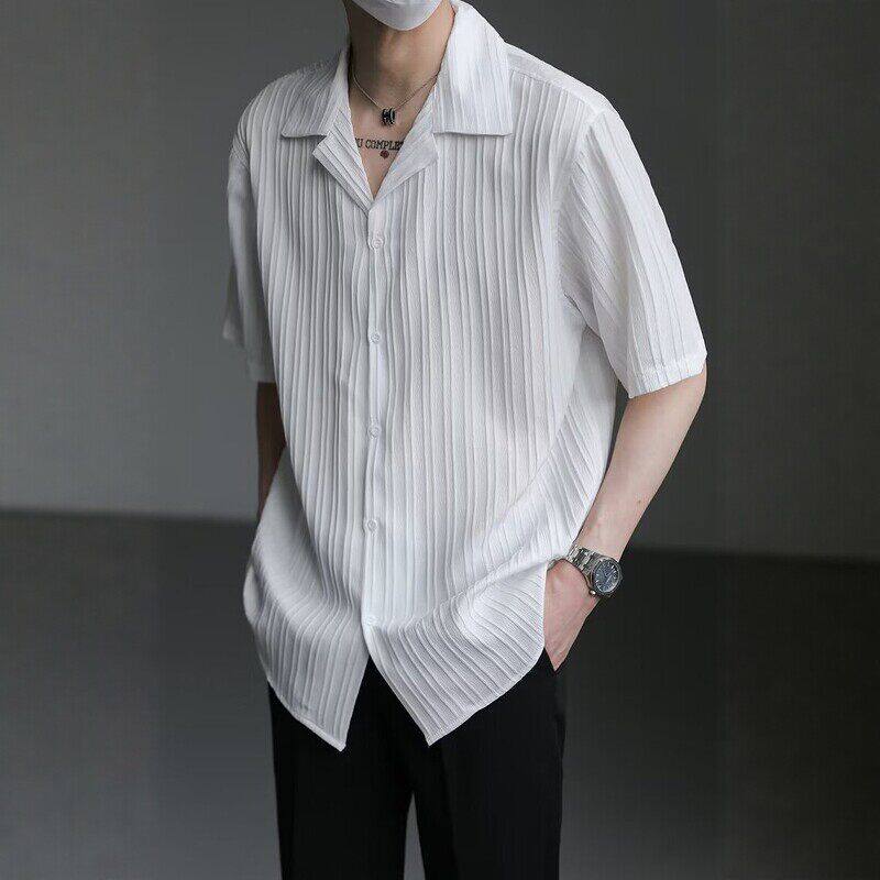 高级感轻奢竖条纹短袖衬衫男夏季