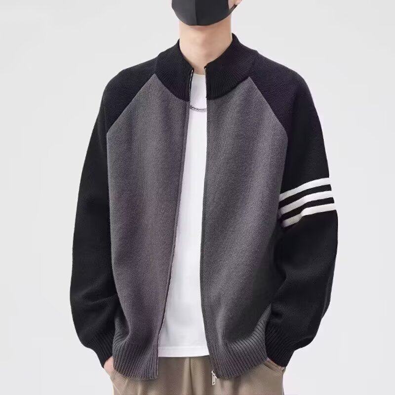 美式立领条纹针织开衫外套男复古慵懒风高级感痞帅毛衣夹克秋冬款