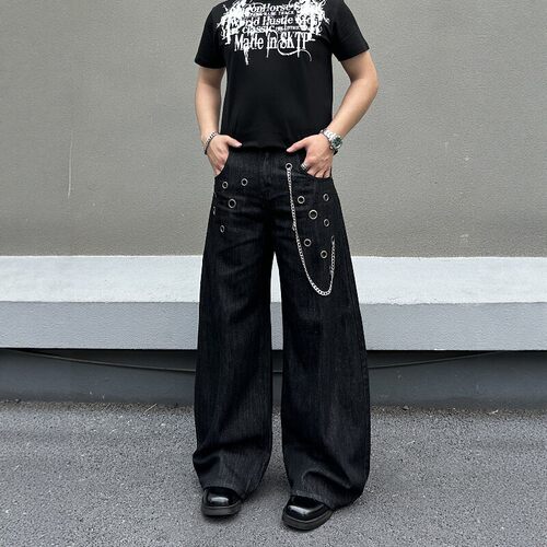 美式街头设计感牛仔裤男女宽松