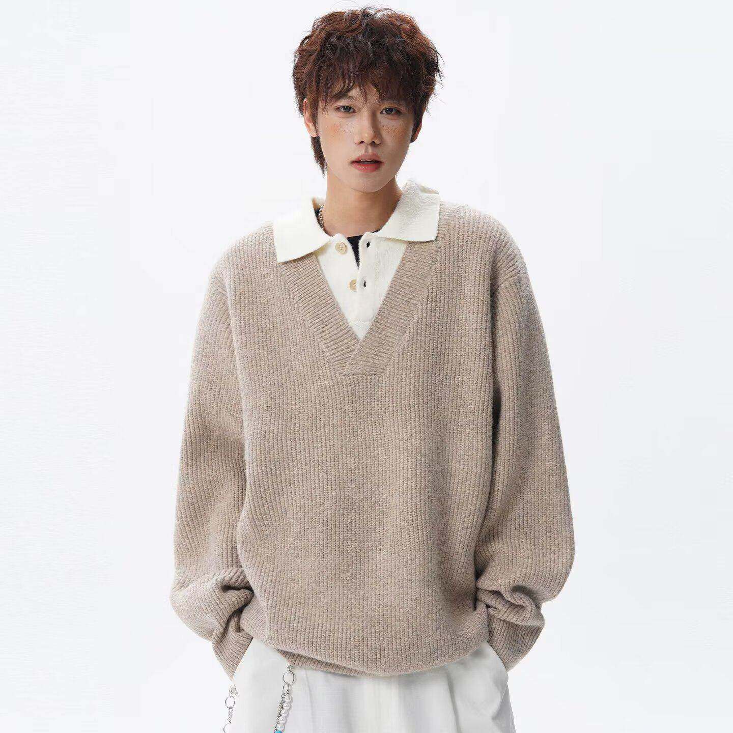 韩系假两件针织衫男衬衫领学院风高级感毛衣冬季通勤穿搭线衣外套