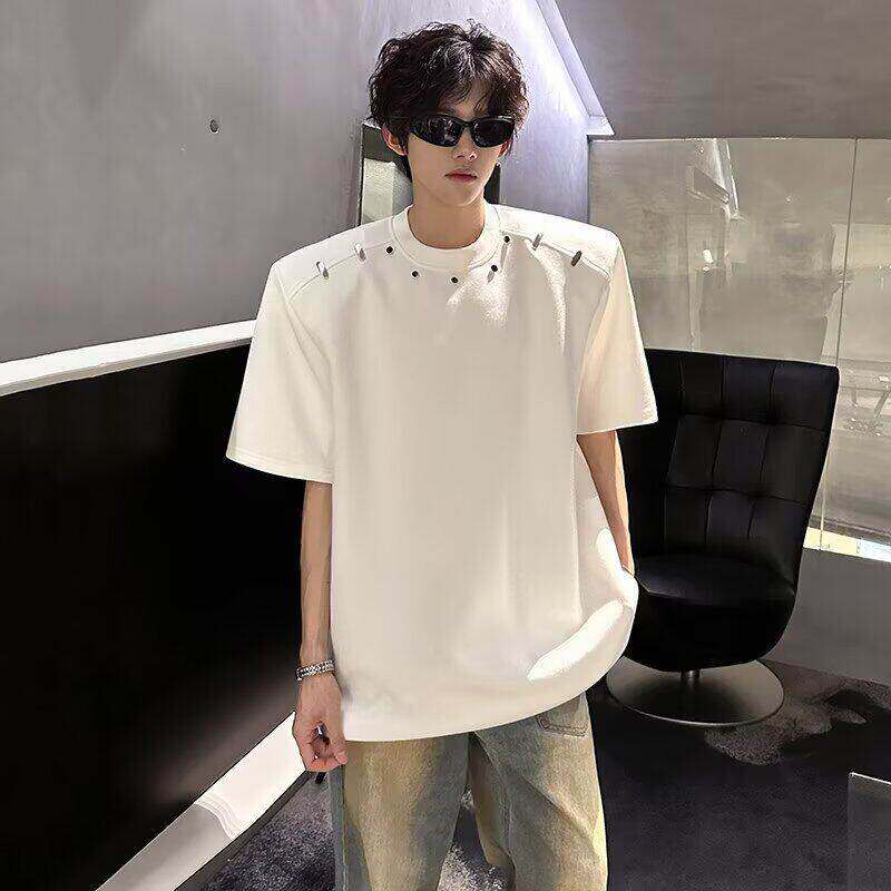 金属扣设计垫肩短袖T恤男2026夏季新款潮牌痞帅宽松休闲半袖体恤
