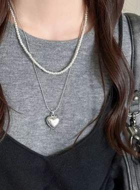 少女CEO银白色拉丝爱心珍珠叠戴项链女轻奢小众高级感锁骨链