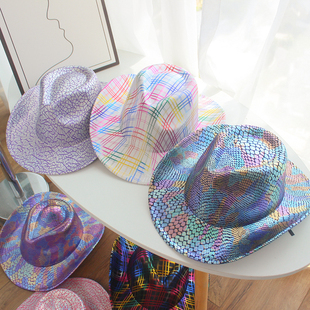 跨境彩色鱼鳞西部牛仔帽男欧美复古亮片礼帽花纹翘边帽派对舞会帽