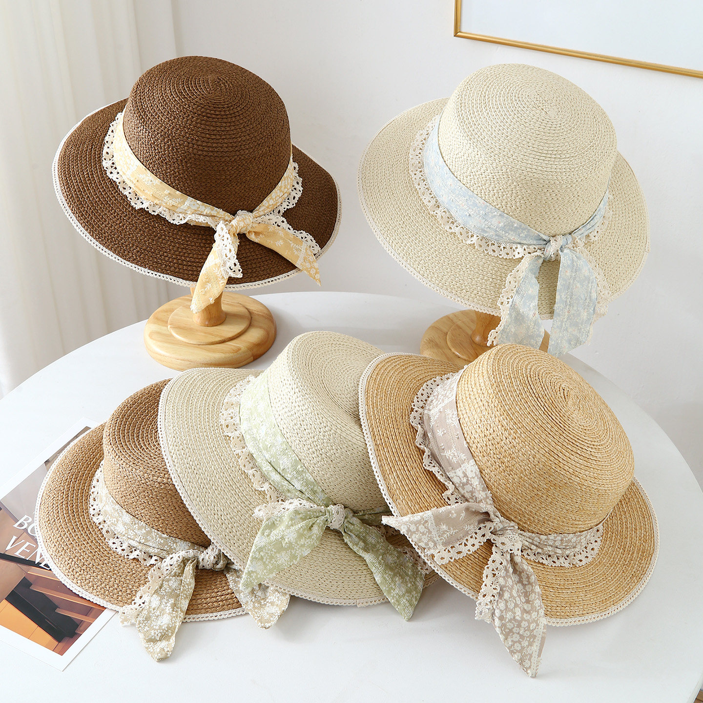 法式蕾丝蝴蝶结草帽女宽檐防晒遮阳帽海边沙滩度假帽休闲夏季编织