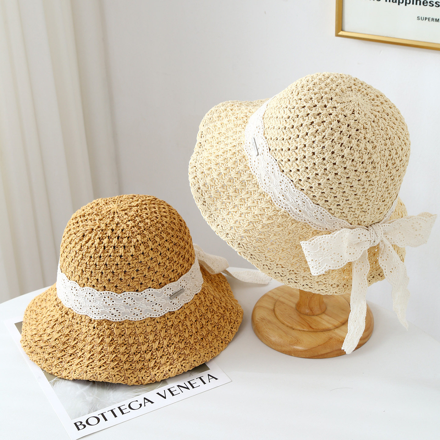 蕾丝蝴蝶结盆帽系带草编遮阳帽夏季防晒沙滩帽女小清新渔夫帽盆帽