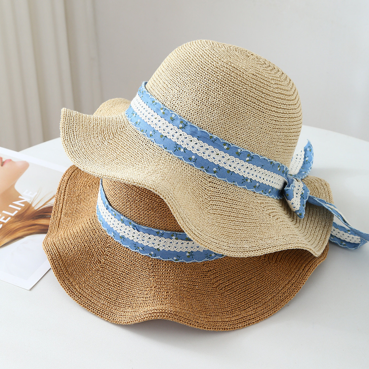 新款波浪边蝴蝶结夏天草帽成人女士帽子显脸小气质款遮阳渔夫帽