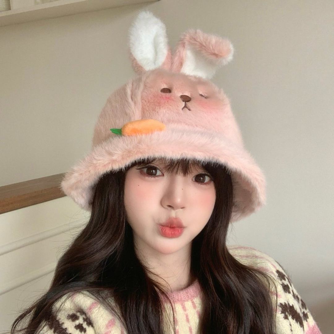 日系可爱毛绒渔夫帽冬季加厚保暖