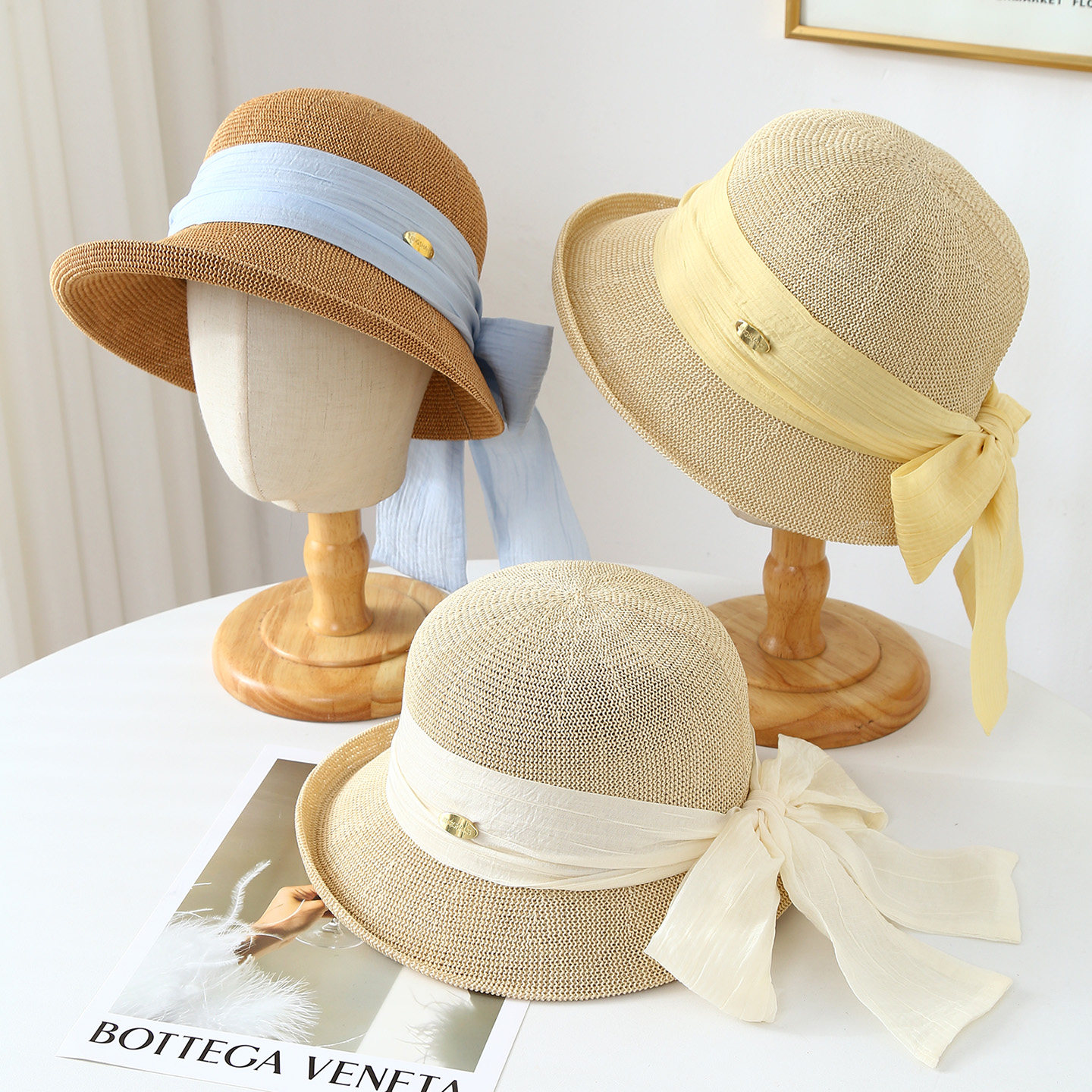 法式飘带蝴蝶结草帽女防晒遮阳帽夏季显脸小海边出游沙滩帽太阳帽