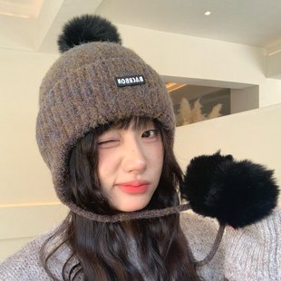 韩版 加厚保暖防寒针织毛线帽包头护耳雷锋帽 可爱毛球帽子女秋冬季
