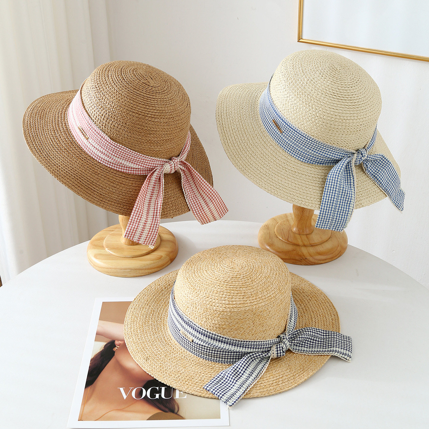 小清新法式蝴蝶结草帽女夏季大帽檐平顶礼帽海边沙滩草编防晒