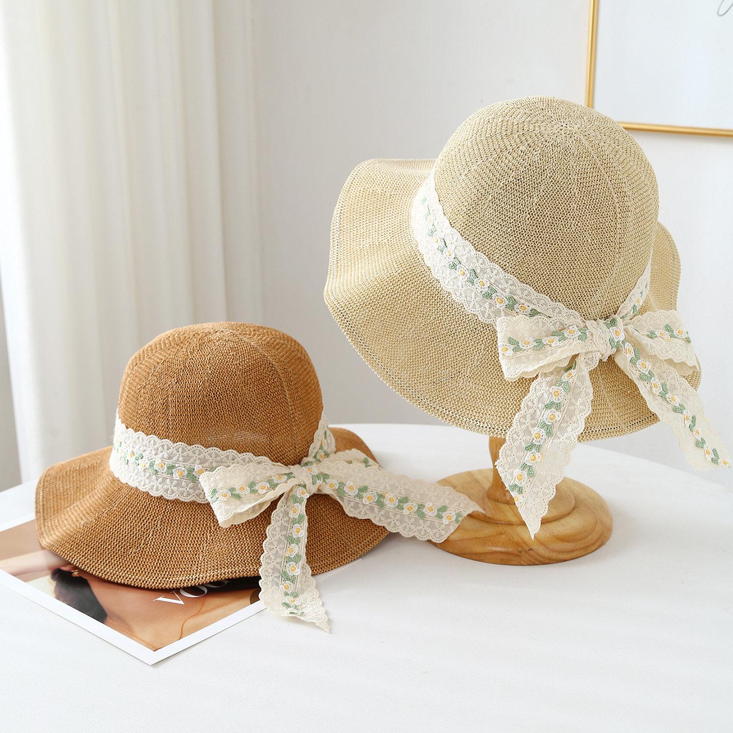 蕾丝蝴蝶结渔夫帽女春夏防晒遮阳帽沙滩度假小清新草编帽