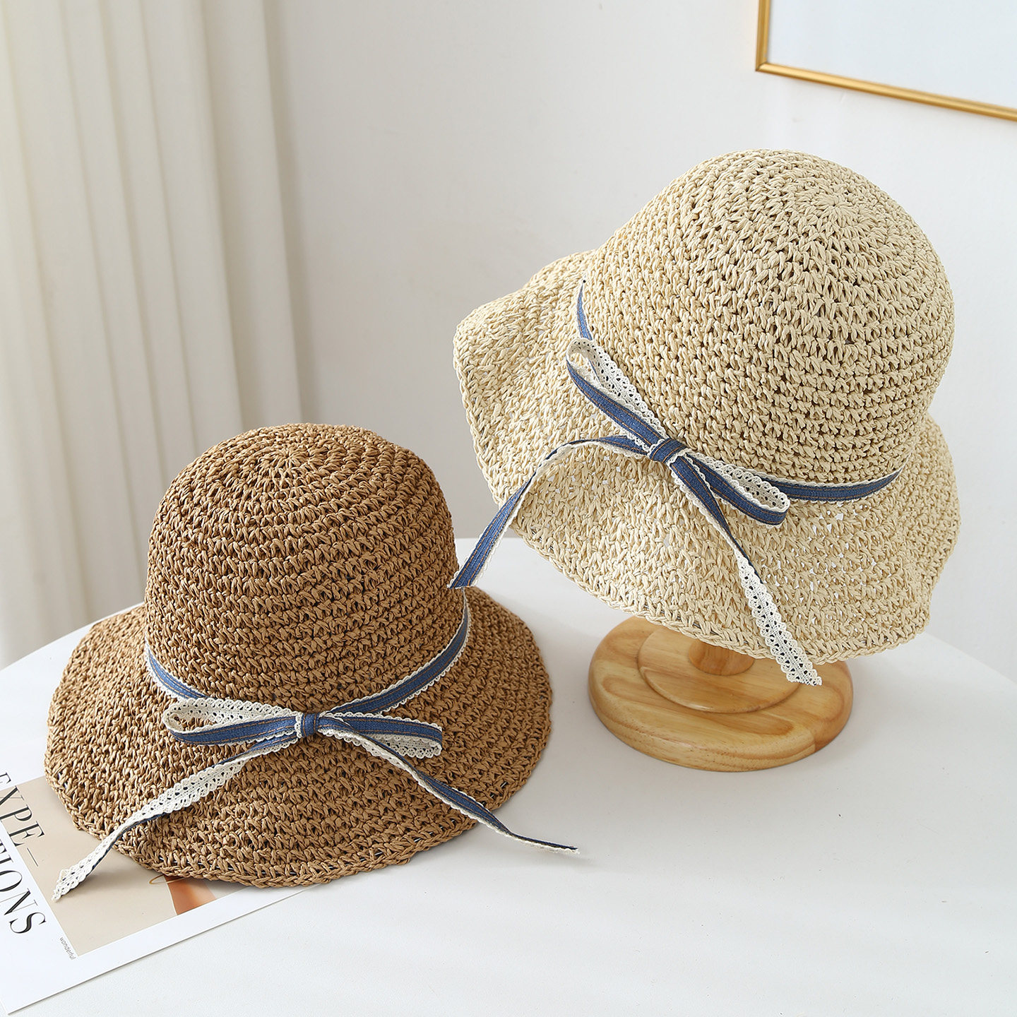 草编防晒帽女蝴蝶结宽檐渔夫帽四季通用遮阳帽旅行户外草帽系带夏