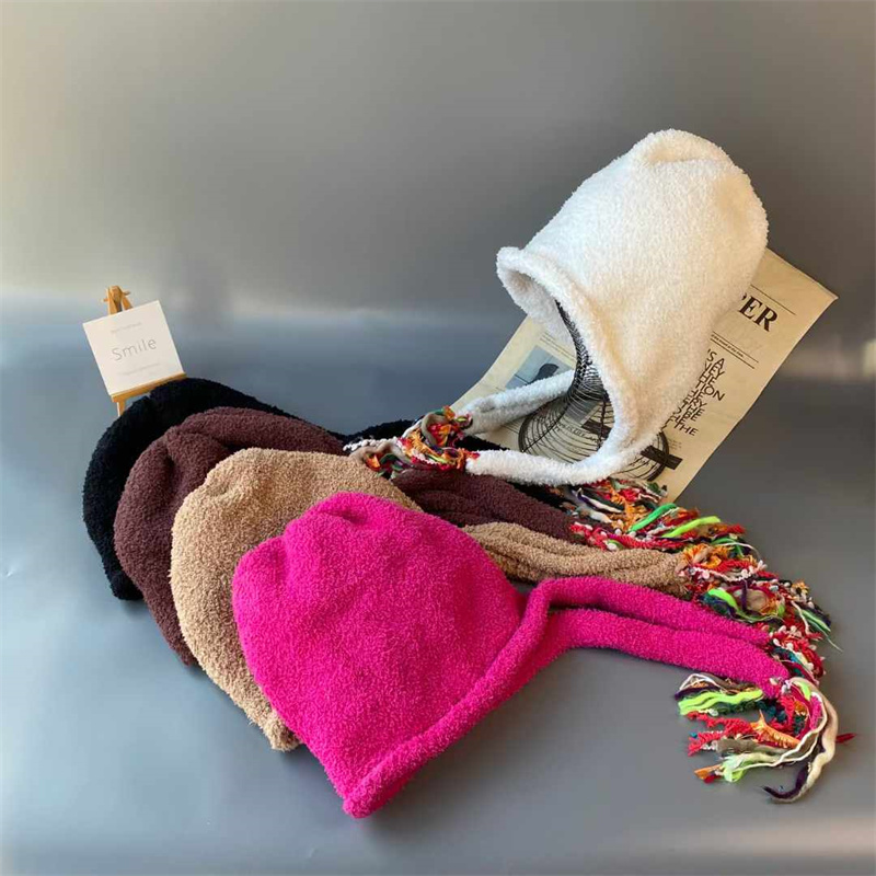 吉普赛女孩风格彩色长辫子毛绒针织帽保暖护耳毛线帽 护耳雷锋帽