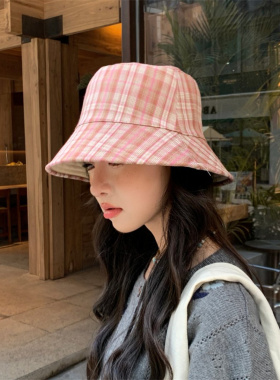 双面渔夫帽子女春夏新款格纹印花