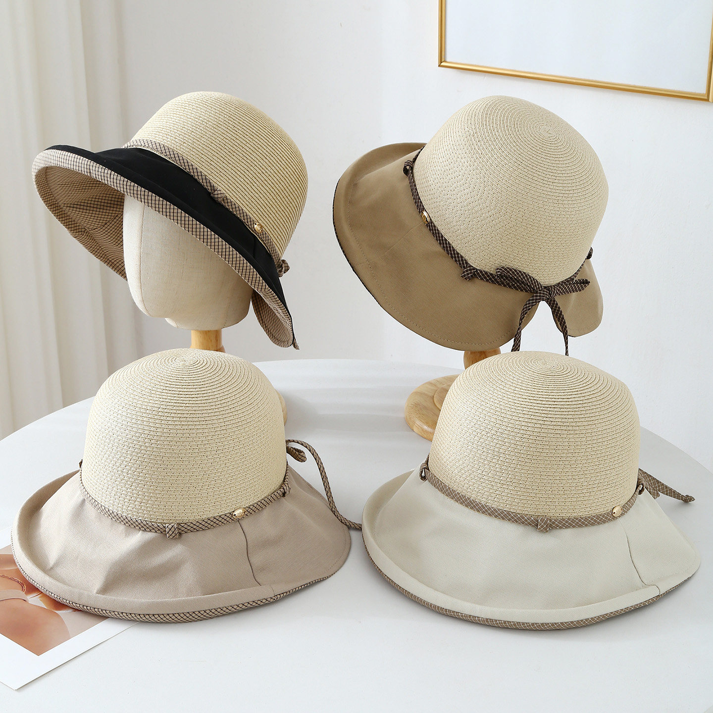 新款布草拼接夏季草帽韩版休闲女士渔夫帽子遮阳防晒百搭沙滩帽