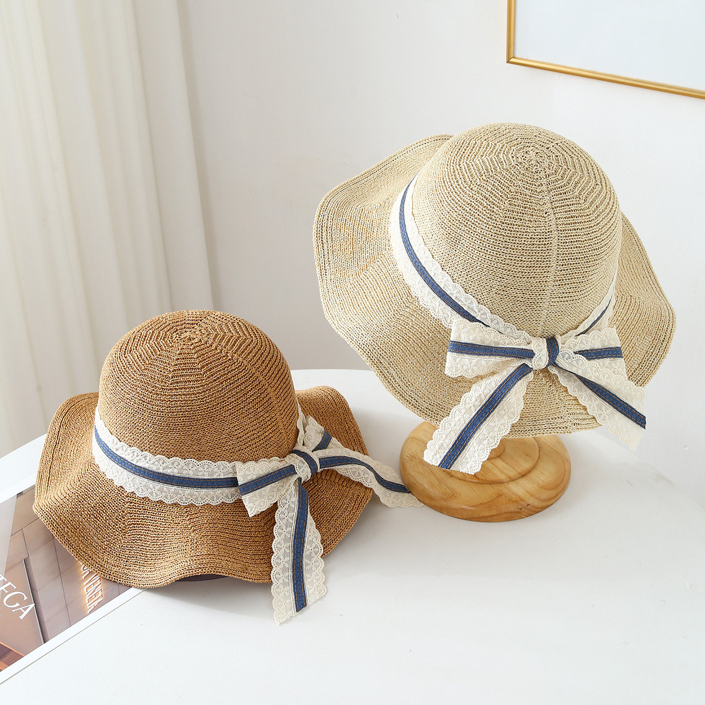 日系木耳边大檐渔夫帽女夏季透气遮阳针织帽时尚蝴蝶结飘带防晒帽