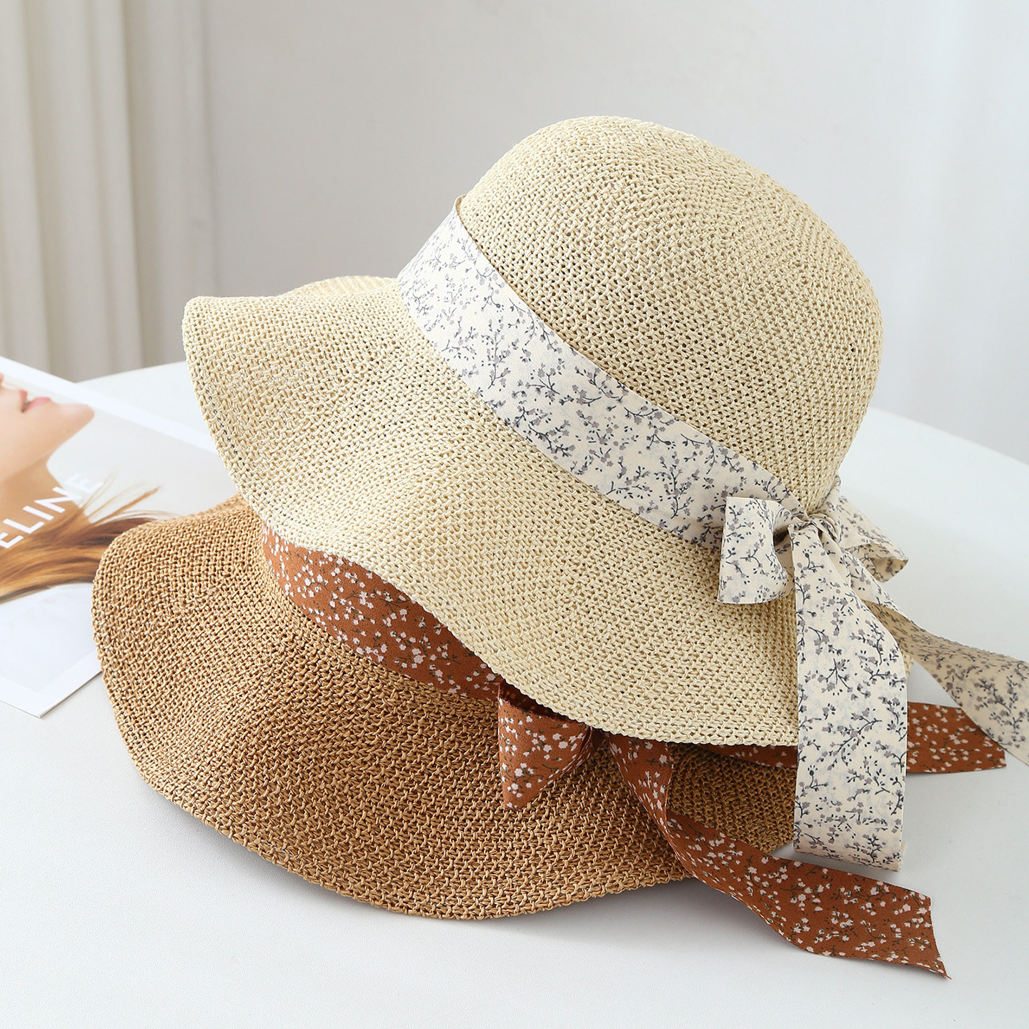 夏季新款渔夫帽女蝴蝶结草编盆帽防晒帽海边沙滩太阳帽韩版凉帽子