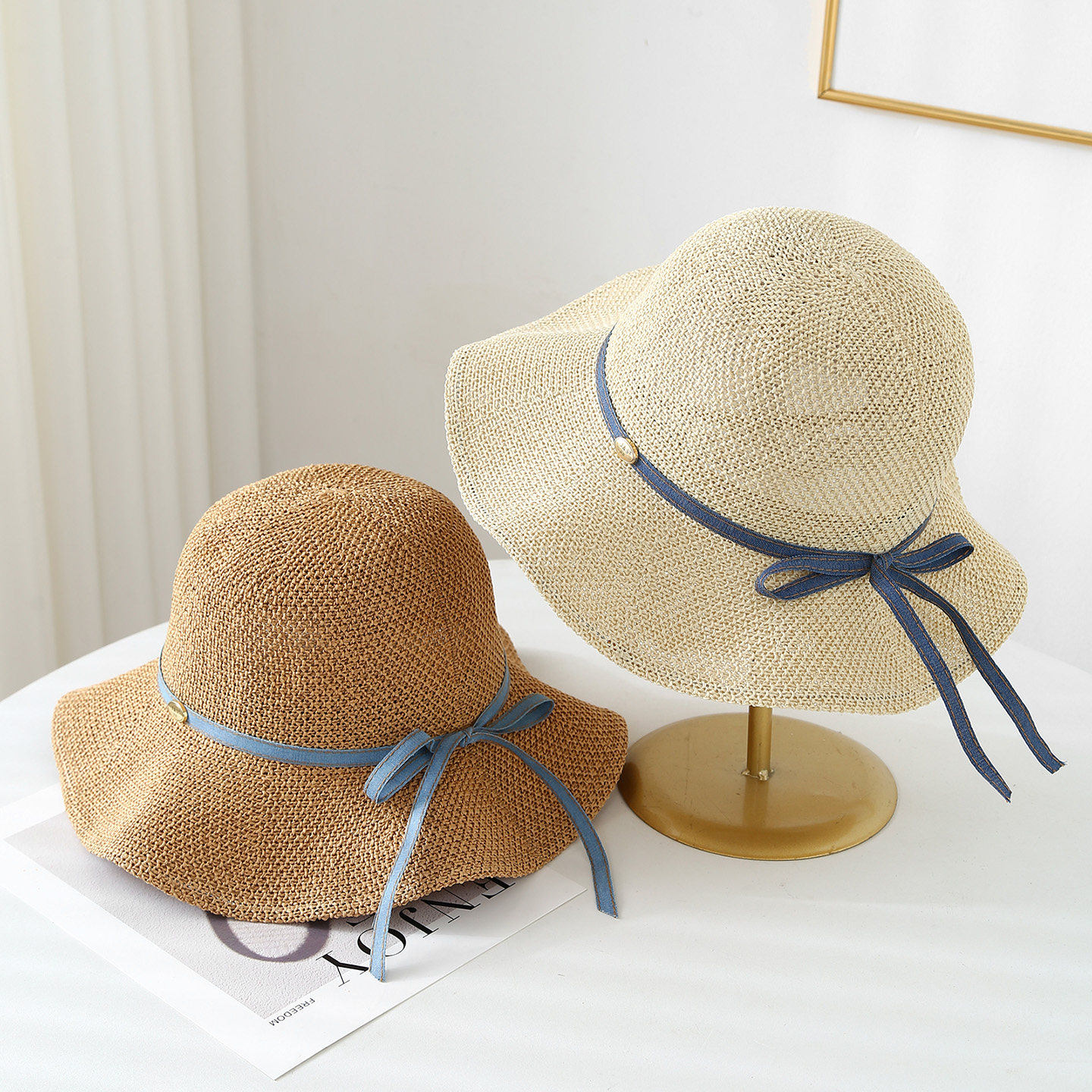 夏季帽子女防晒帽遮阳帽网眼透气太阳帽蝴蝶结渔夫帽户外旅游盆帽