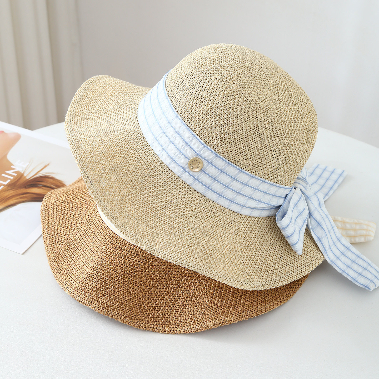 日系格纹蝴蝶结草帽女士夏季简约防晒遮阳太阳帽沙滩出游渔夫帽