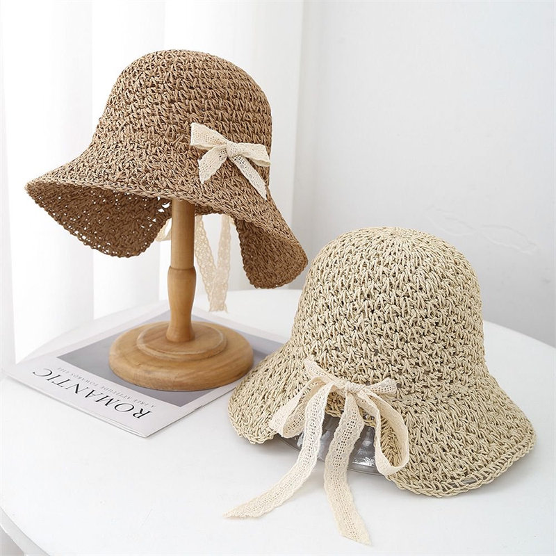 蕾丝蝴蝶结草帽女遮阳帽夏季可折叠大檐太阳帽海边度假防晒帽