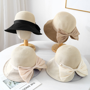 防晒帽子女夏草帽韩版系带镂空草编帽出游沙滩太阳帽蕾丝边遮阳帽