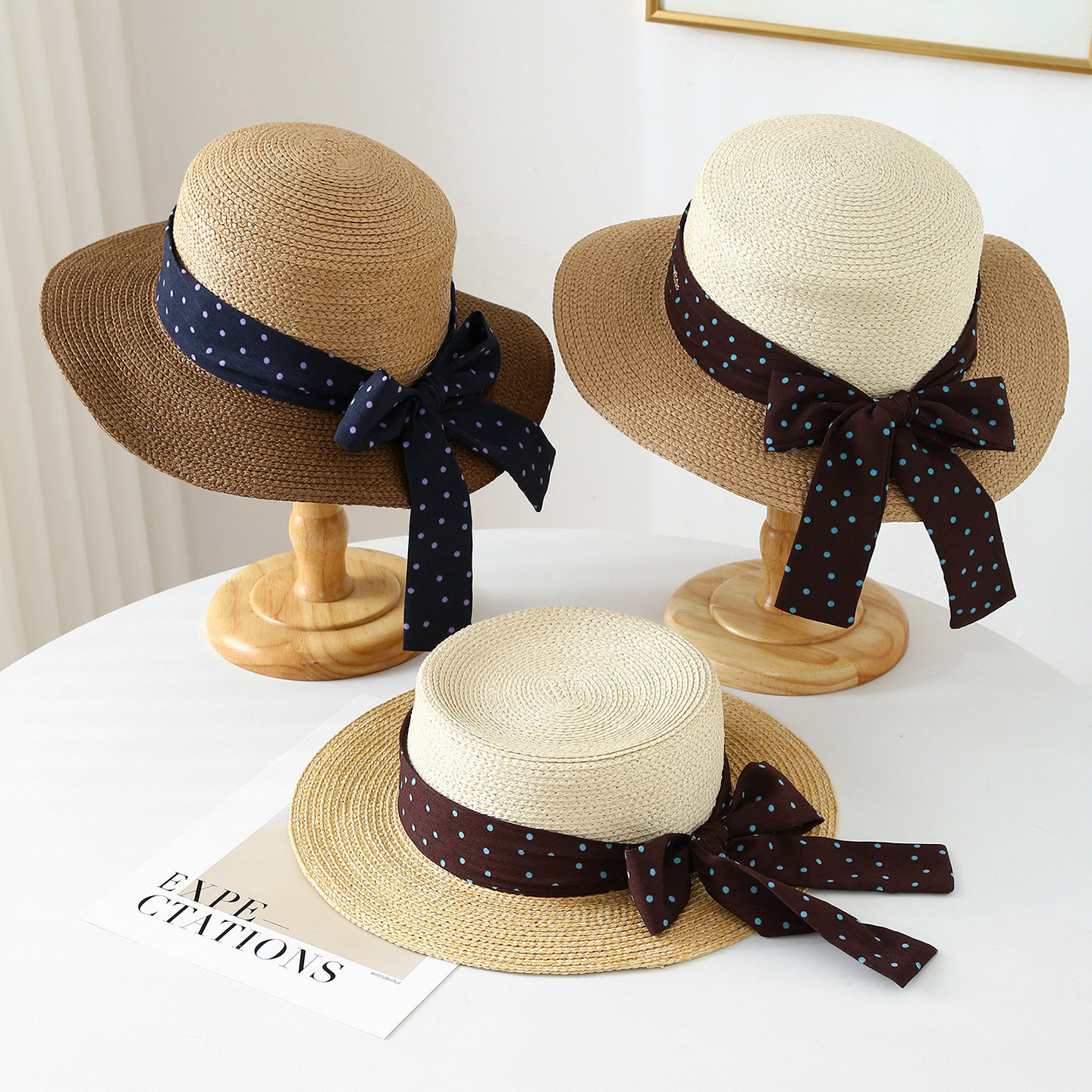日系清新波点黑色蝴蝶结织带拼接草帽遮阳帽时尚蝴蝶结飘带防晒帽