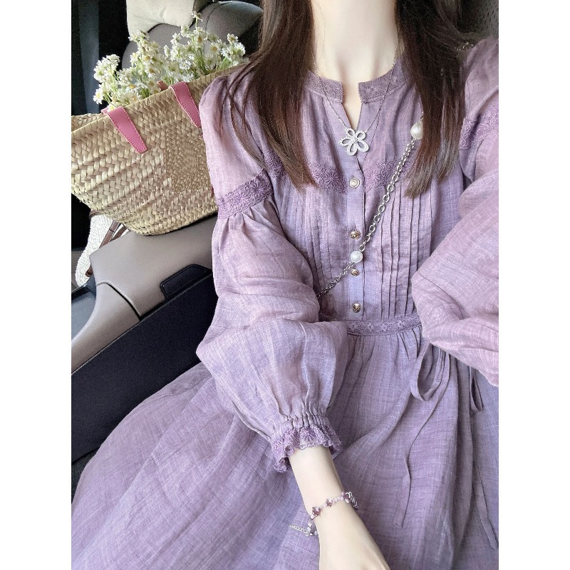 紫色连衣裙女春2025新款法式复古重工圆领长袖超好看衬衫气质长裙