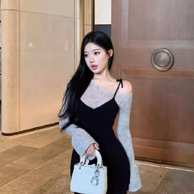 秋季假两件斜肩拼接连衣裙女修身包臀气质御姐风黑色斜领长袖裙