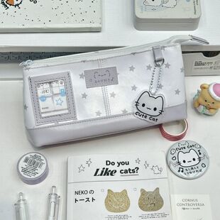 高颜值PU皮质灰色可视窗痛包笔袋宅系可爱学生大容量ins文具收纳