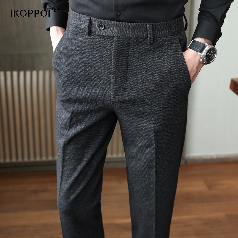 高端男士新款人字纹毛呢料西裤2025秋冬季休闲裤磨毛商务西装裤子