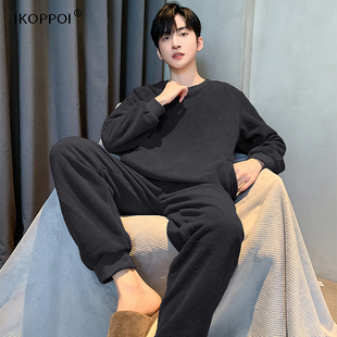 高端男士冬季摇粒绒加厚加绒珊瑚绒睡衣男款可外穿保暖家居服套装