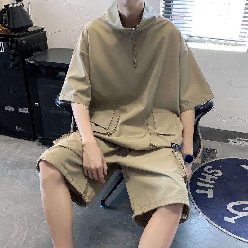 休闲运动套装男士夏季立领体恤直筒短裤搭配一套高街痞帅情侣装潮