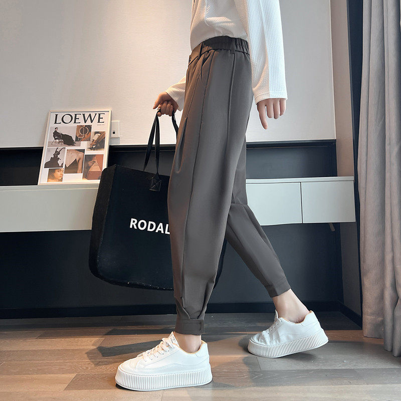 潮牌休闲裤男士春秋季纯色高级感魔术贴束脚裤韩版修身痞帅西装裤