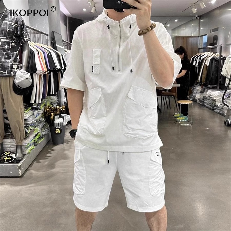 轻奢夏季连帽短袖卫衣套装工装短袖短裤二件套男士休闲运动套装薄